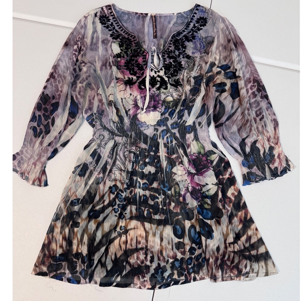 Mushka‎ by Sienna Rose Sheer Floral Animal Print Embroidered Tunic Top Large ff